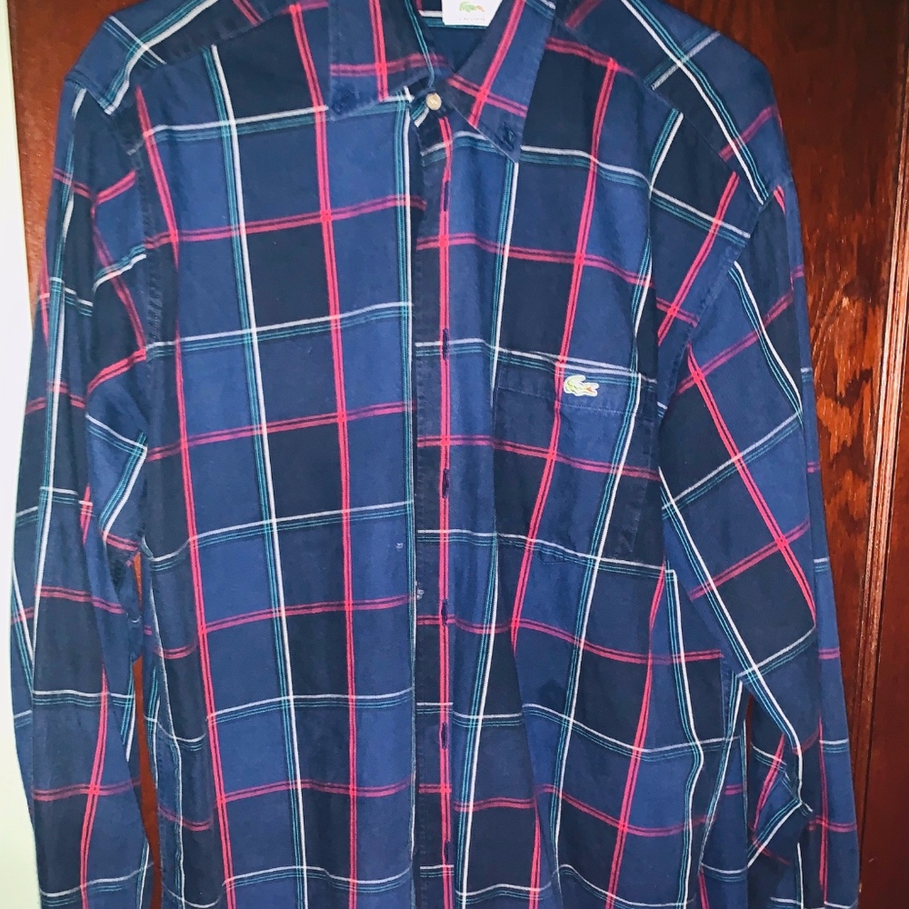 Men's Large Lacoste Blue & Plaid Button Down Shirt